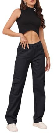 THWEI Cargo Pants for Women High Waisted Casual Pants Y2K Streetwear with 6 Pockets Black M