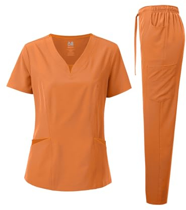 Dagacci Medical Uniform® Scrubs for Women Set – 4-Way Stretch Contrast V-Neck Top and Pants Sets for Women – 9 Pockets (Large, Peach)
