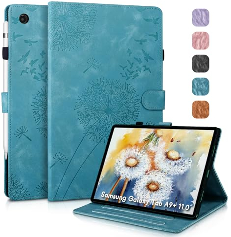 Galaxy Tab A9 Plus Hülle für Samsung Galaxy Tab A9+ Schutzhülle, PU Leder mit Standfunktion und Kartensteckplatz, Löwenzahn Design, Magnetische Schutzhülle Kompatibel mit SM-X210/X215/X216, Blau