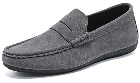 Ninepointninetynine Mocassini da uomo scarpe punta rotonda in pelle scamosciata Vamp Penny mocassino scarpa confortevole leggero resistente classico all'aperto slip on, Grigio, 42 2/3 EU