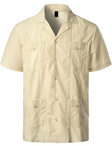 ChahuerOu Chemise Estivale à Manches Courtes Cubaine Guayabera De Couleur Unie avec Poches Multiples Surdimensionnées Et Broderies Florales pour Hommes M
