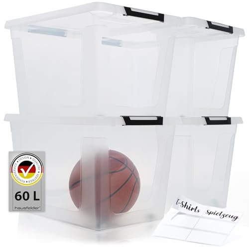 Hausfelder Aufbewahrungsboxen mit Deckel 60 Liter, 4 Stück, Stapelboxen groß, durchsichtige Ordnungsboxen (Transparent, 4 x 60 L)