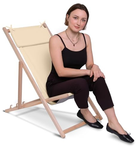 DreamRoots Liegestuhl Klappbar Holz mit Kopfstütze - Klappliegestuhl mit 3-Fach Verstellbarer Rückenlehne - Strandliege Bis 130 kg Belastbar - 220 g/m² Waschbarer Polyesterbezug - Creme