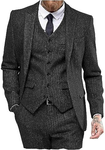Mens Vintage Suit 3 Pieces Tweed Herringbone Prom Tuxedos Blazer Peak Lapel Groomsmen(Black,4XL)