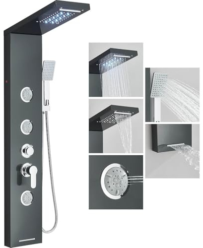 Panel de Ducha con Mezclador 5 Funciones, LED y Ducha de Lluvia Cascada Columna de Acero Inoxidable Negro con 3 chorros de masaje desagüe de la bañera