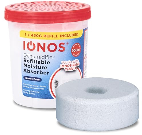 IONOS Dehumidifier, Refillable Moisture Absorber with 450 g Tablet Included – Absorbs up to 900 ml, Works with IONOS Refills, Unscented Damp Trap (IONRDEHUMSF1PB12)