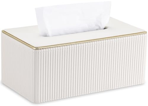 GORESE Tissue Box Holder,Rectangular Tissue Box Cover PU Leather Facial Tissue Dispenser Napkin Holder for Home, Office,Car Decoration(White)