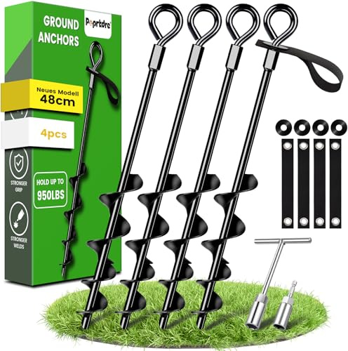 Anclajes de suelo de 48 cm, paquete de 4 con correas resistentes, anclajes de suelo para atornillar en el suelo para tiendas de campaña, columpios, toldos, muy estables y fáciles de instalar