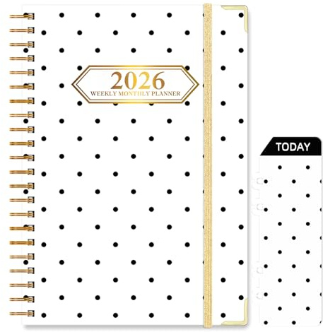 Knagsfa 2026 Monthly Planner, Jan.2026 - Dec.2026 Weekly Planner 6.25x8.5 with Page Tabs, Calendar Hardcover with Inner Pocket, Elastic Band, Twin-Wire Binding, Bookmark, Black White Polka Dots