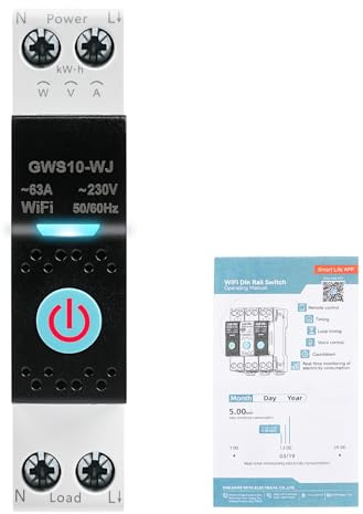Smarter Leistungsschutzschalter WiFi Wlan Schalter Hutschiene WiFi Smart Schalter Tuya Sprachsteuerung, Zeitschaltuhr und Energiemessung 63A 230V AC (GWS10-WJ Messmodell)