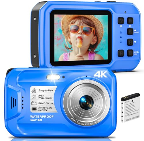 64MP 4K Underwater Digital Camera, 16FT Waterproof Compact Camera with Autofocus, 16X Zoom HD IPS Display & Fill Light, Includes 32GB Memory Card