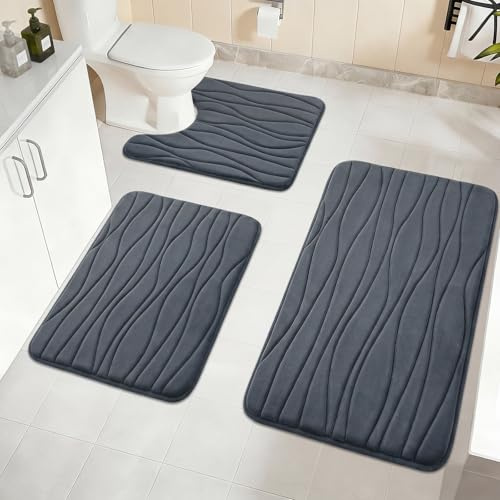 Homcomodar Juego de 3 alfombras de baño de espuma viscoelástica suave, antideslizante, lavable, absorbente de agua y en forma de U, para ducha, inodoro y bañera (gris)