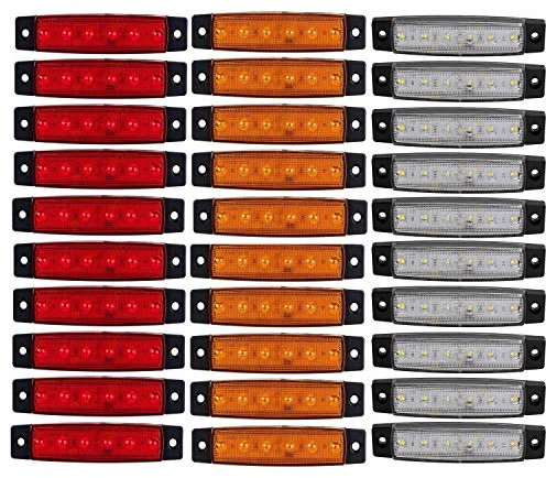 GSRECY 30pcs 12V 6 LED Red+White+Yellow Truck Trailer Side Marker Indicators Truck cab marker lights
