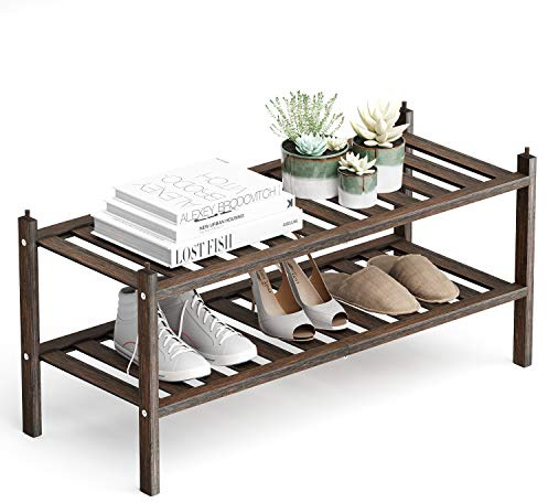 Dranixly Bamboo 2-Tier Shoe Rack Stackable Shelf Storage Organizer for Entryway, Hallway and Closet, 27.2x11x13.2 (Mocha)