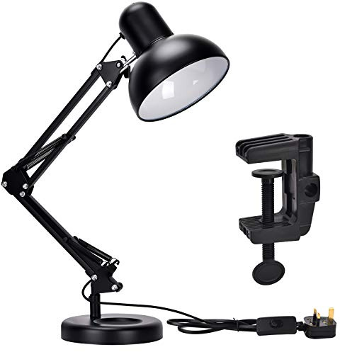 TEKLED Architect Swing Arm Desk Lamp with Base & C-Clamp, Adjustable E27 Table Light for Home Office, Black (Bulb Not Included)