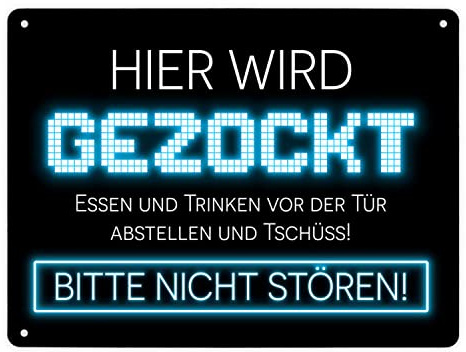 Hier wird gezockt Metallschild XL in 21x28 cm für Gamer in blau lustige Geschenkidee für Jungen und Mädchen die Computerspiele lieben und am liebsten den ganzen Tag zocken würden