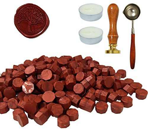 Wachssiegel Stempel Set, 200 Stück siegelwachs mit 1 Lebensbaum Siegelstempel, 1 Schmelzlöffel, 2 Teelichte, für Vintage Siegellack und Brief, Einladungen, Paket Geschenk (H)