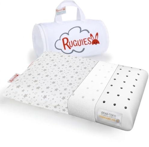 RUGUIES-Viscoelastic pillow for children and babies, hypoallergenic and breathable, children's pillow-100% washable cotton cover-Oeko-Tex,1 to 10 years (22x12x1.5-3) + travel bag. (STARS, 22x12x1.5)
