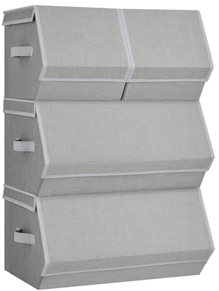 SONGMICS Set of 4 Storage Boxes with Lids, Stackable Wardrobe Storage Organisers, Storage Bins with Magnetic Closures, Fabric Storage Unit, Metal Frame, for Clothes Books, Dove Grey RLB022W01