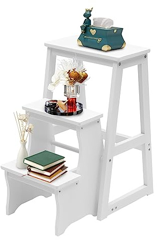 Folding Library Ladder Chair, Lightweight Portable Multifunctional Step Stool, 3-Step Stool Stepladders, Display Stand and Flower Stand for Home for Home, Kitchen, Library (White)