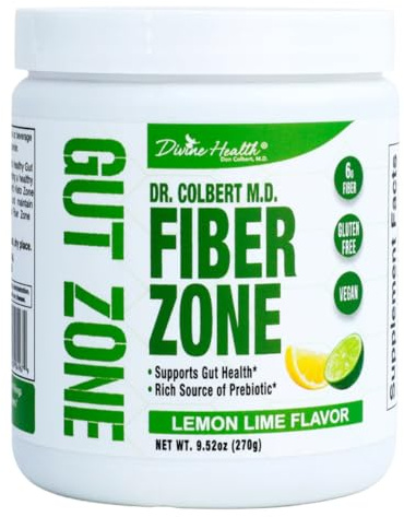 Dr. Colbert, MD Fiber Zone Powder | Lemon-Lime Flavor Prebiotics | by Divine Health | 6g Psyllium Husk & Inulin Fiber | Recommended in Healthy Gut Zone Book | 9.52 oz | 30 Servings