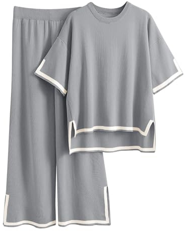 Famulily Women Casual Lounge Wear Sets Color Blocked Pullover Tops Wide Leg Pants Tracksuit GreyM