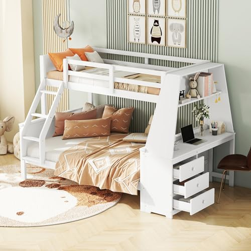 SOFTWEARY Etagenbett mit 2 Schlafgelegenheiten, Lattenrost, Schreibtisch, Rausfallschutz und Regal, Jugendbett, Kinderbett, Holzbett (weiß, 90x200 cm/140x200 cm)