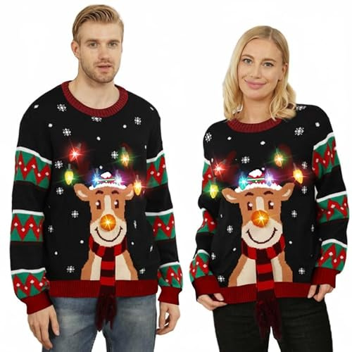 Kouric Pull de Noel Lumineux,Pull Moche de Noel Femme Homme,Unisexe Pulls de Noël Drole,Pull Noel Moche Couple Assortis,Pull Noel Famille Hiver Chaud Xmas Outwear-Drole Renne Noir-L