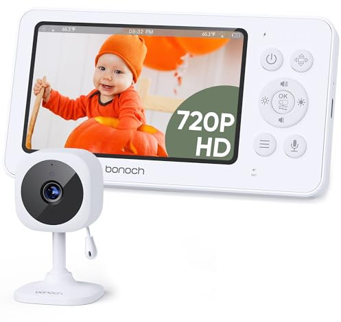 bonoch 4,3 Zoll Babyphone mit Kamera, 720p 4000mAh Akku Video Babyphon ohne WLAN, Nachtsicht, Beidseitige Audiofunktion, VOX-Modus, Temperatursensor, 8 Schlaflieder, 2X, 3X, 4X Zoom