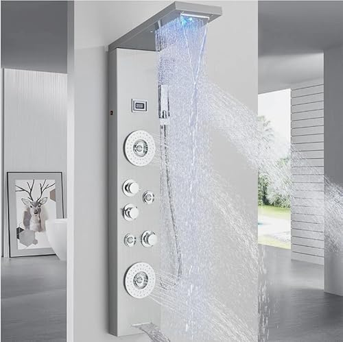 TTICCTIY Bathroom Shower Panel System Tower Wall-Mounted Led Shower Panel System Stainless Steel with Waterfall, Rainfall Shower Head, Hydromassage Temperature Display Brushed