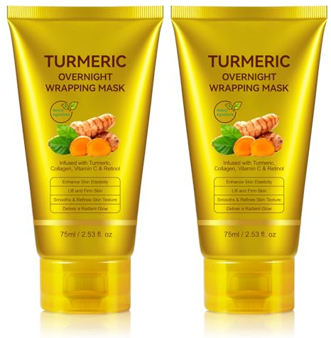 2 Pack Turmeric Vitamin C Collagen Overnight Wrapping Peel Off Mask for Lifting & Firming Face/Neck, Saggy/Dull/Roughed Skin treatment for Clear, Dewy, Radiant Face, 2.53 Oz/75 ML