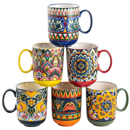Henten Home Porcelain Coffee Mug Set of 6, 14 oz Colorful Latte Cup with Handle, Boho Ceramic Mug for Hot Chocolate, Milk, Tea, Cappuccino, Cocoa, Microwave & Dishwasher Safe