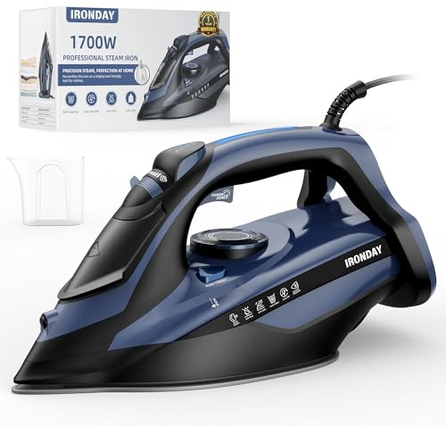 IRONDAY Steam Iron for Clothes 20s Fast Heating, 1700W Iron with 15.21oz Large Water Tank, 3-Way Auto shutoff, Burst Steam, Spray Mist, Anti-Drip, Self-Cleaning, Vertical Ironing for Home, Blue