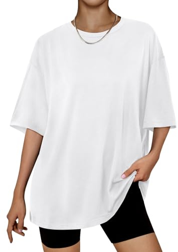 LILLUSORY Oversized T Shirts for Women UK Plus Size Short Sleeve Tshirts Summer Capsule Wardrobe Fashion Tunic Basic Ladies Boho Tops Gym Crew Neck Yoga Clothing Loose Fit Going Out Clothes White 2XL