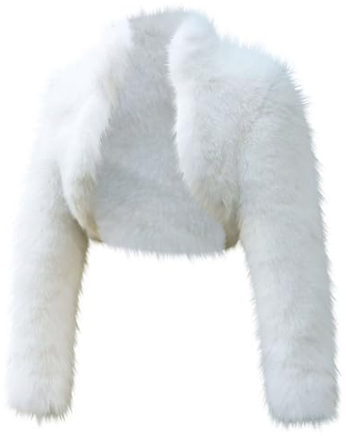 ANHATUIV Manteau court en fausse fourrure pour femme - Col en V - Manches longues - Manteau moelleux en peluche pour robe de soirée - Boléro en fausse fourrure, a blanc, S