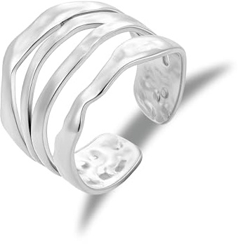 ALEXCRAFT 18K Goldplated Stainless Steel Rings, Hypoallergenic Silver Ring | Stainless Steel Adjustable Curved Open Rings Large Chunky Wide Hammered Smooth Fashion Statement Thumb Rings for Women Men