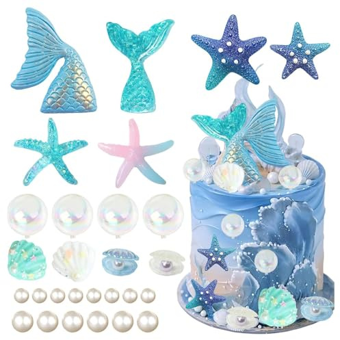 Falafoty 28Pcs Mermaid Cake Topper, Mermaid Cake Decoration Set with Mermaid Tail Starfish Seaweed Shell Pearl Balls Cupcake Toppers, for Ocean Theme Birthday Baby Shower Wedding Party Supplies