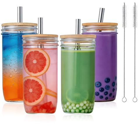 BORDEAG 4 stycken bubbeltemuggar, 720 ml, 8,5 x 8,5 x 17,8 cm glas med lock och sugrör, dricksglas med lock, iskaffeglas för kontor, hem och gastronomi, transparent glas