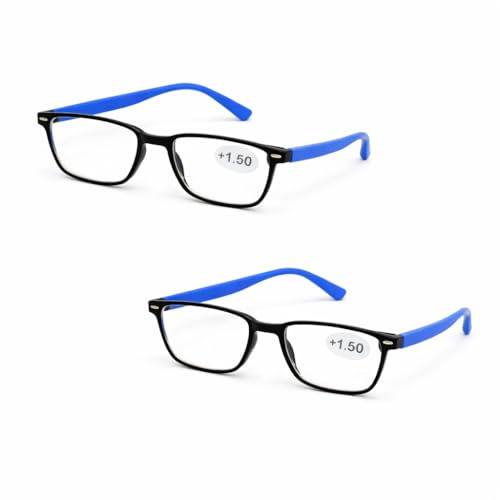 Globly Läsglasögon +1,50 med svart ram och blå stavar | Lätt och bekväm unisex lins