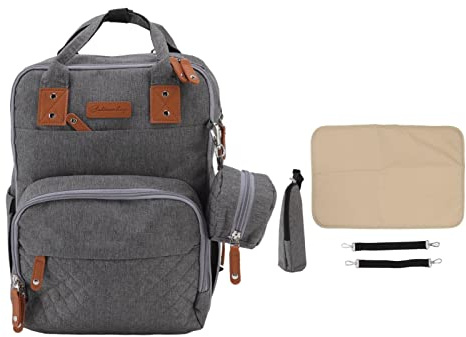 Sac à dos pour couches brodé à double bandoulière, grande capacité de 20 L, sac à langer avec sangles pour poussette, poches isothermes pour bouteilles et port USB, idéal pour les (Gris classique)