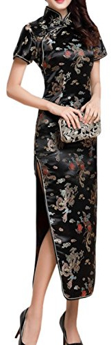 XueXian(TM) Femme Rétro Robe de Soirée Mariage Longue Cheongsam Qipao Motif Phénix et Dragon à Manche Courte (40-42/Asie XXL, Noir)