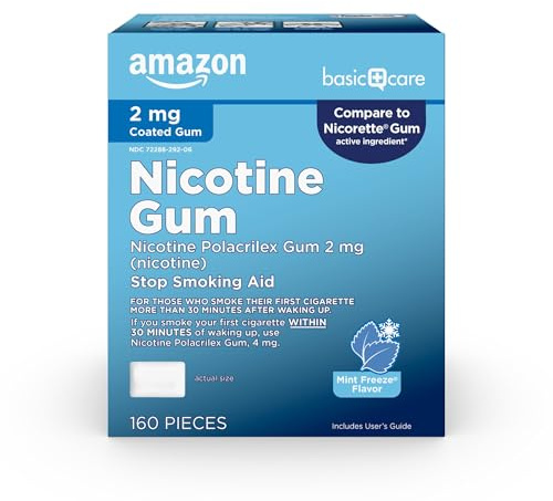 Amazon Basic Care Coated Nicotine Polacrilex Gum 2 mg, Ice Mint Flavor, Stop Smoking Aid, Smoking Cessation, Reduces Withdrawal Symptoms, 160 Count