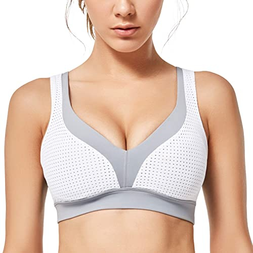 Yvette Sport BH Starker Halt Große Größe Gekreuzt Rücken Ohne Bügel Bustier für Fitness Lauf Yoga Joggen,Grau/Weiß,XL