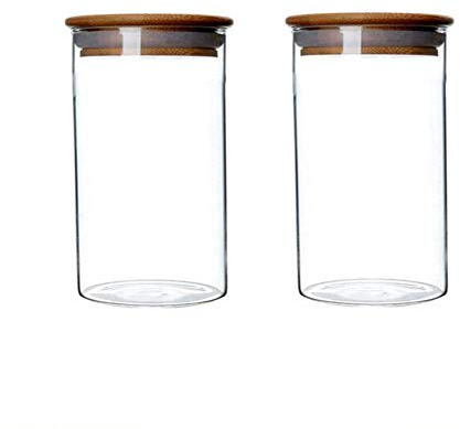 Lot de 2 bocaux de conservation en verre transparent avec couvercles hermétiques en bois pour grains de café, feuilles de thé, sucre, biscuits, fruits secs, bonbons, verre, transparent, 350ML/11.7oz