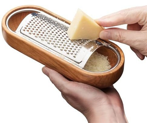 Cheese Grater with Container - Stainless Steel Cheese Grater with Cherrywood Serving Bowl - Fine Shredder Kitchen for Hard Cheese, Spices, and Zesting - Italian Kitchen Gadgets by Kings County Tools