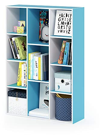 Furinno LUDER Book Shelf, 11-Cube Bookshelf, Reversible Bookcase, 9.4 x 29.1 x 41.7, for Living Room, Bedroom, Home Office, White/Light Blue