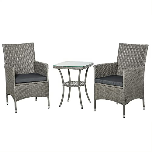 Outsunny Set Giardino Esterno 3 Pezzi in Rattan PE e Acciaio, Set 2 Sedie con Cuscini Lavabili, Braccioli, Tavolino da Caffè con Piano in Vetro, Salotto da Giardino Balcone Patio Cortile, Grigio