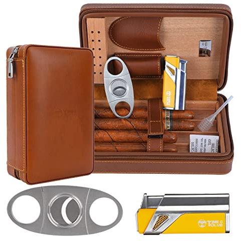 4-Finger tragbares Reise Leder Zigarrenetui, Zigarrenschneider, Zigarren Befeuchter mit Zigarrenschneider und Befeuchter, Trauzeugen Geschenk, Geburtstagsgeschenk (981)