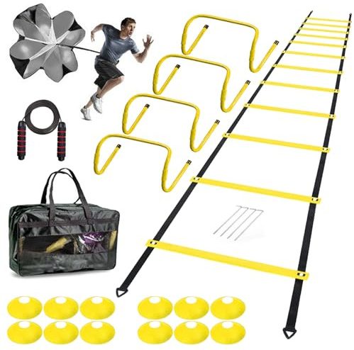 ENDIESS Agility Ladder Set 20ft, 4 Hurdles, 12 Soccer Cones, Jump Rope & Running Parachute - Speed Agility Training Equipment for Soccer Fitness Kids Youth Adults