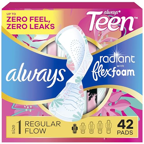 Always Radiant Teen Pads, Size 1, Regular, with Wings, Unscented, 42 Count